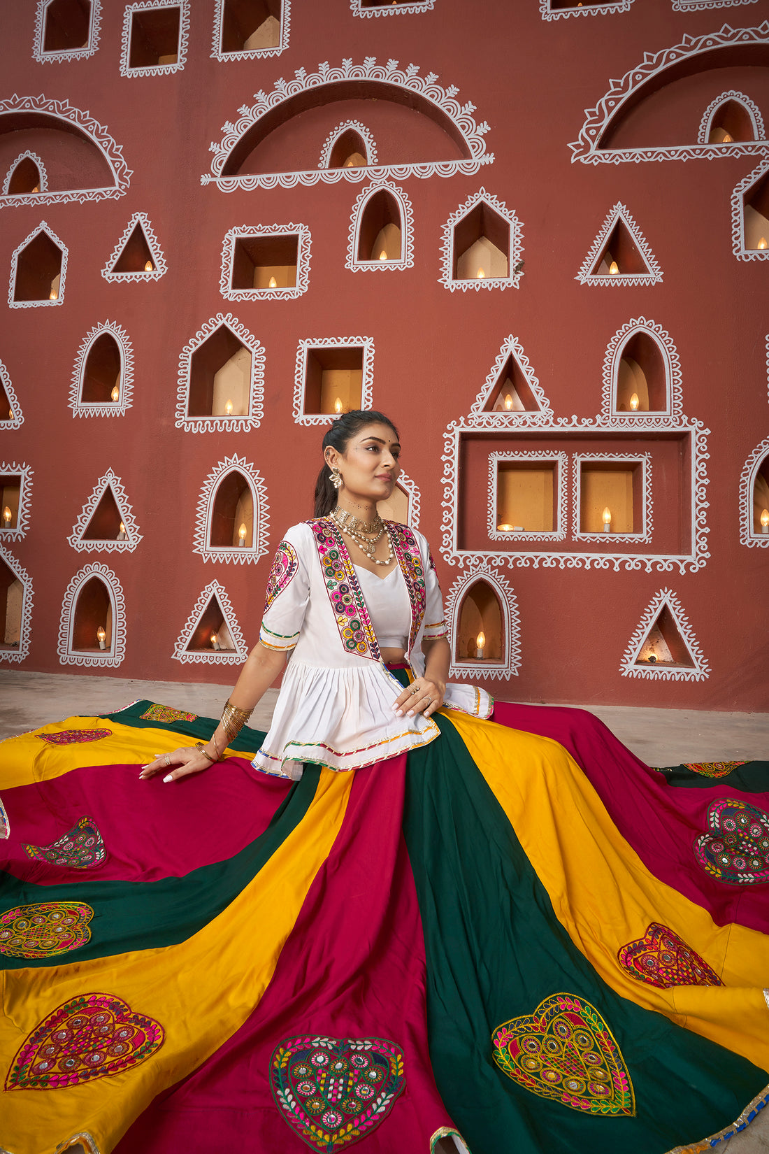 Multicolor Panelled Lehenga with White Embroidered Jacket & Blouse – Navratri & Festive Wear