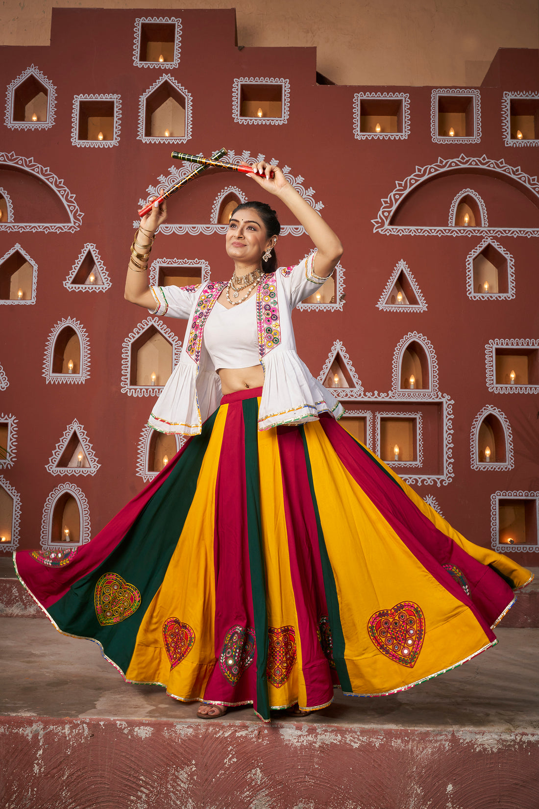 Multicolor Panelled Lehenga with White Embroidered Jacket & Blouse – Navratri & Festive Wear