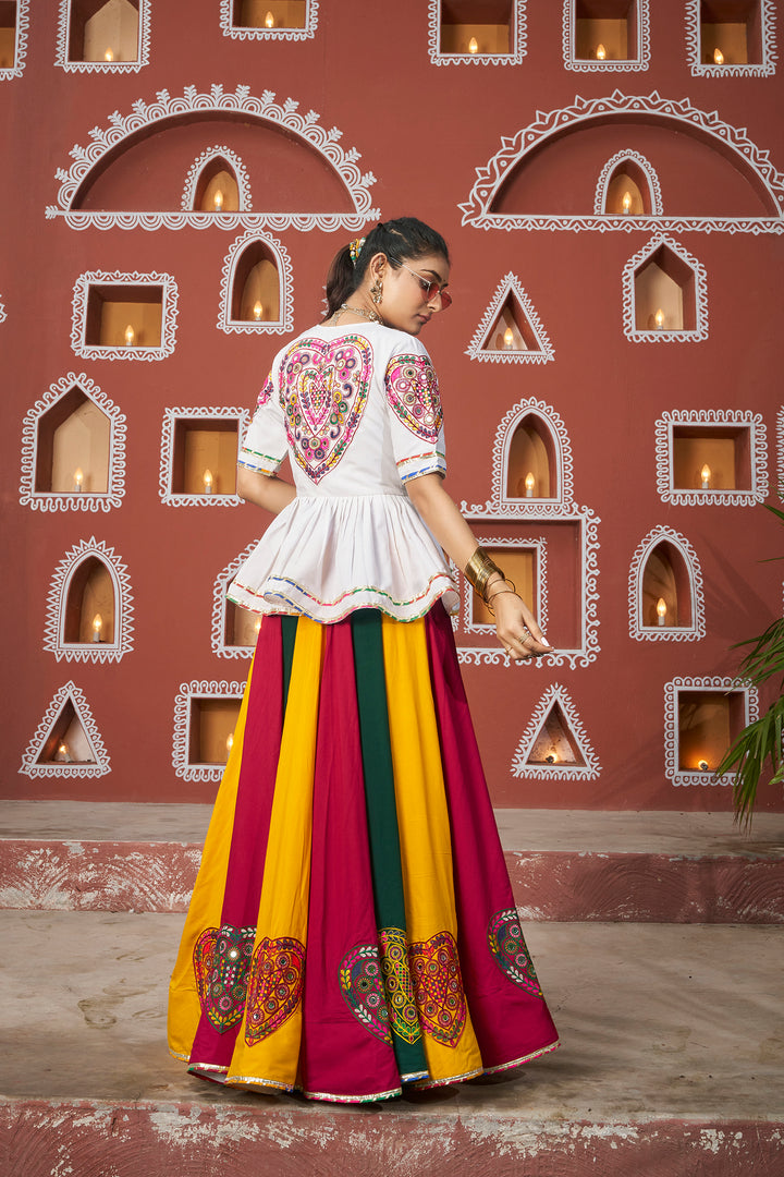 Multicolor Panelled Lehenga with White Embroidered Jacket & Blouse – Navratri & Festive Wear