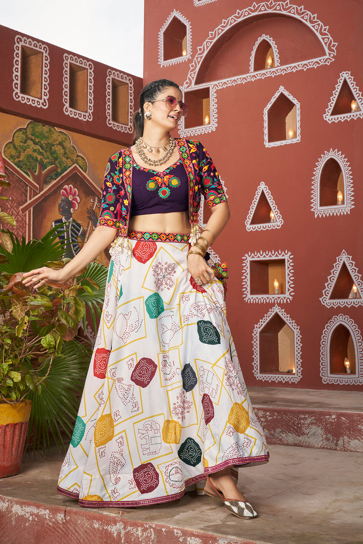 White Multicolor Printed Lehenga Choli with Embroidered Jacket – Navratri & Festive Wear