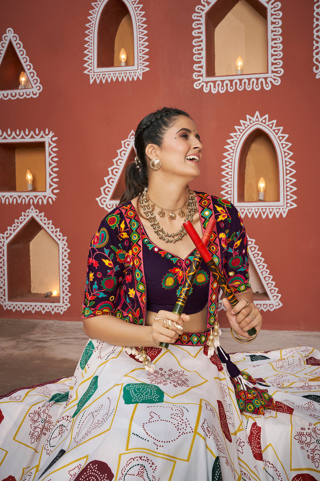 White Multicolor Printed Lehenga Choli with Embroidered Jacket – Navratri & Festive Wear