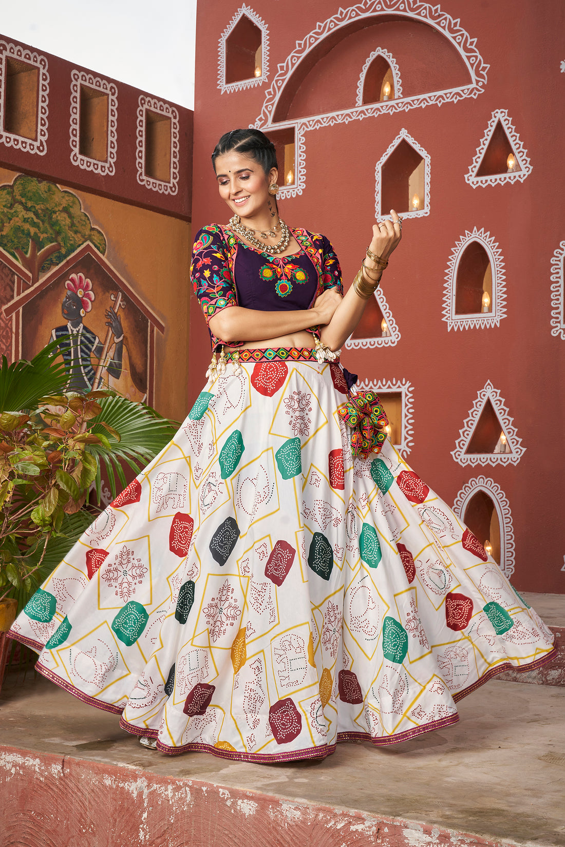 White Multicolor Printed Lehenga Choli with Embroidered Jacket – Navratri & Festive Wear