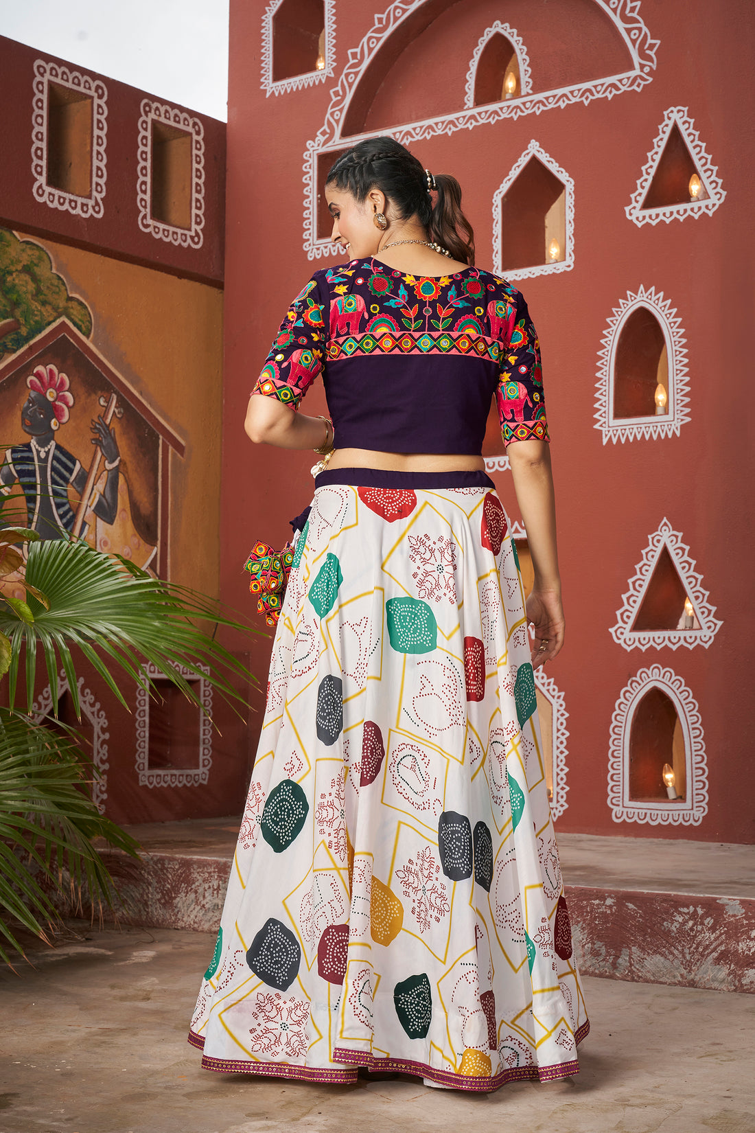 White Multicolor Printed Lehenga Choli with Embroidered Jacket – Navratri & Festive Wear