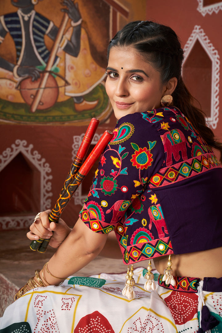 White Multicolor Printed Lehenga Choli with Embroidered Jacket – Navratri & Festive Wear