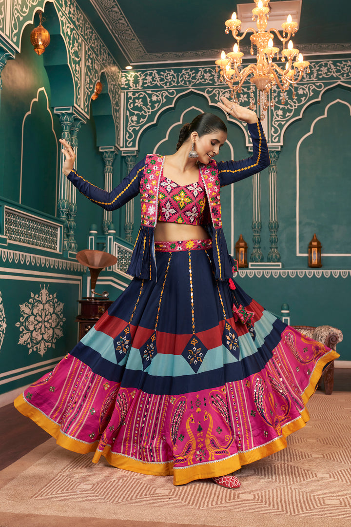 Navy Blue & Multicolor Embroidered Lehenga Choli with Jacket – Festive & Wedding Wear