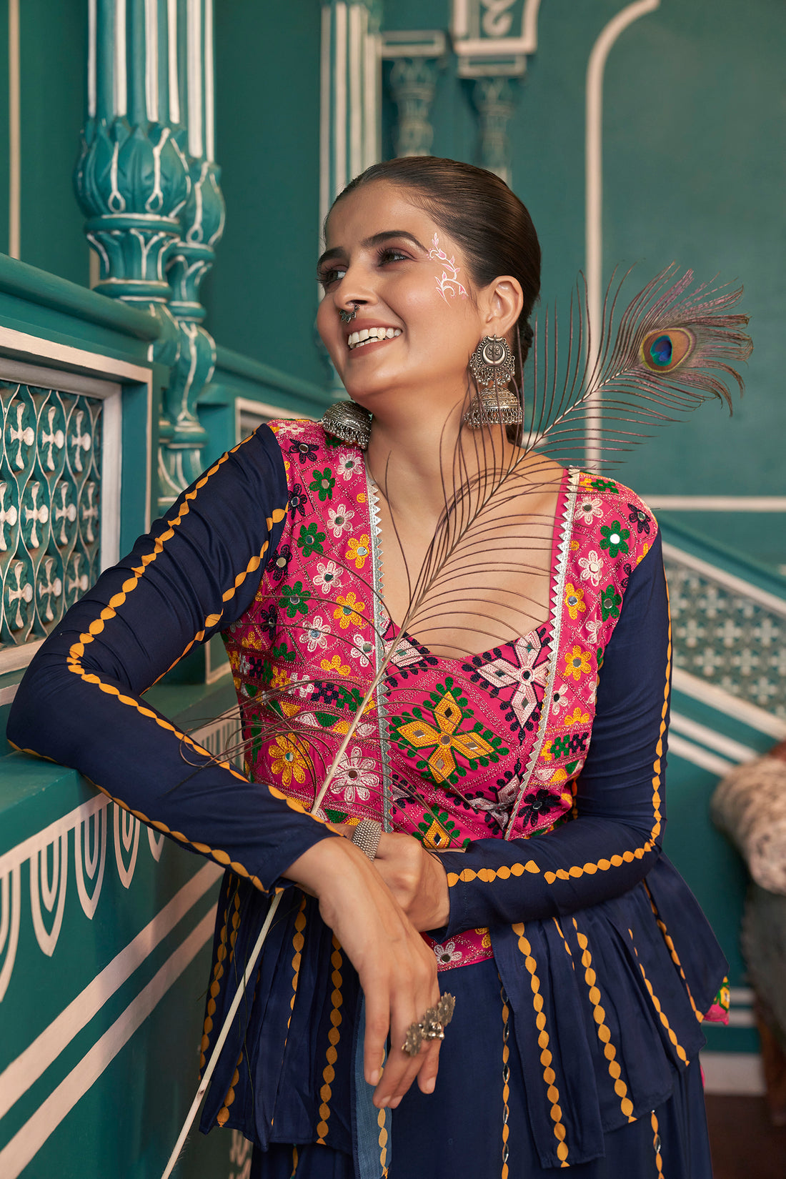 Navy Blue & Multicolor Embroidered Lehenga Choli with Jacket – Festive & Wedding Wear