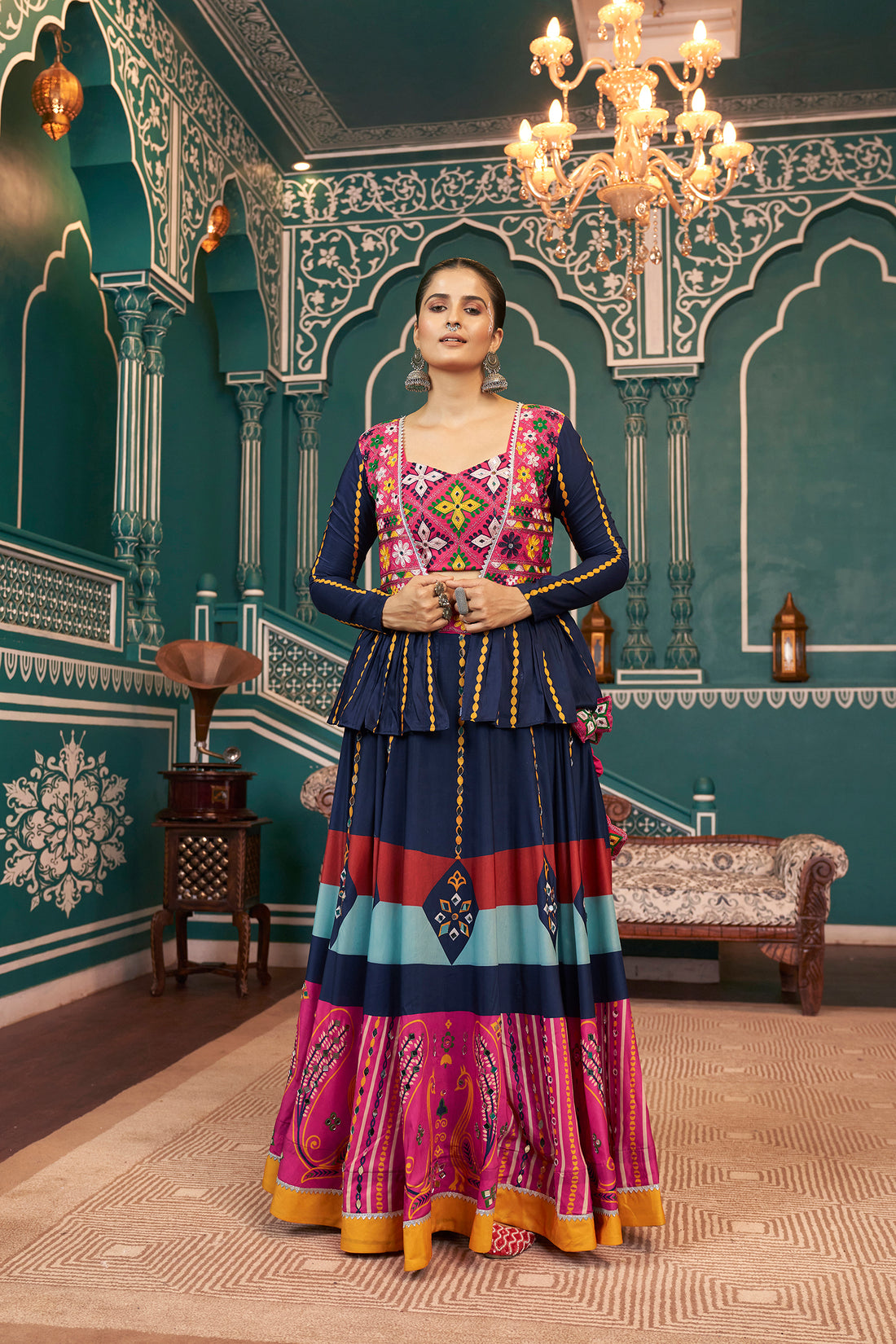 Navy Blue & Multicolor Embroidered Lehenga Choli with Jacket – Festive & Wedding Wear