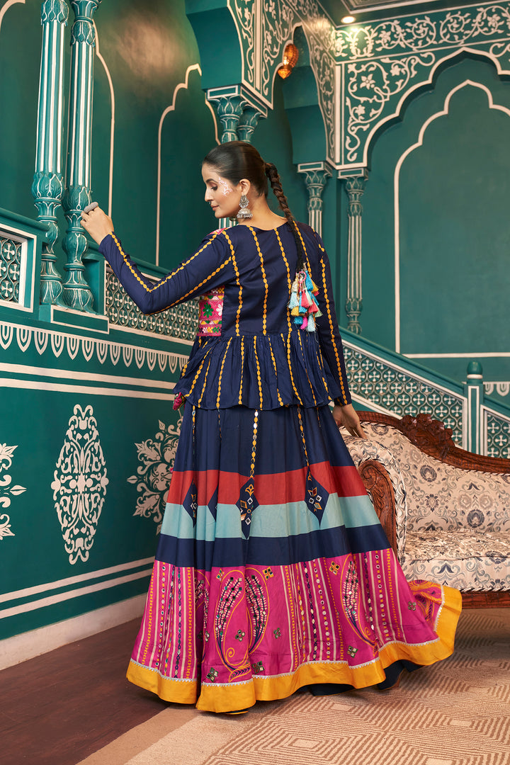 Navy Blue & Multicolor Embroidered Lehenga Choli with Jacket – Festive & Wedding Wear