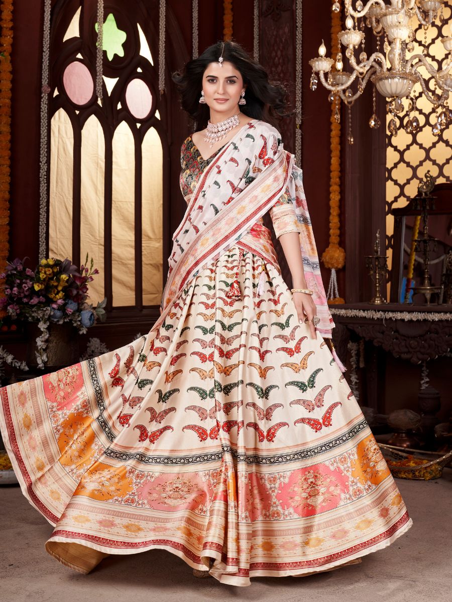 Cream Lehenga with Colorful Butterfly Prints