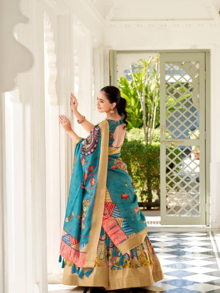 Yellow Handpainted Lehenga with Teal Blouse & Dupatta