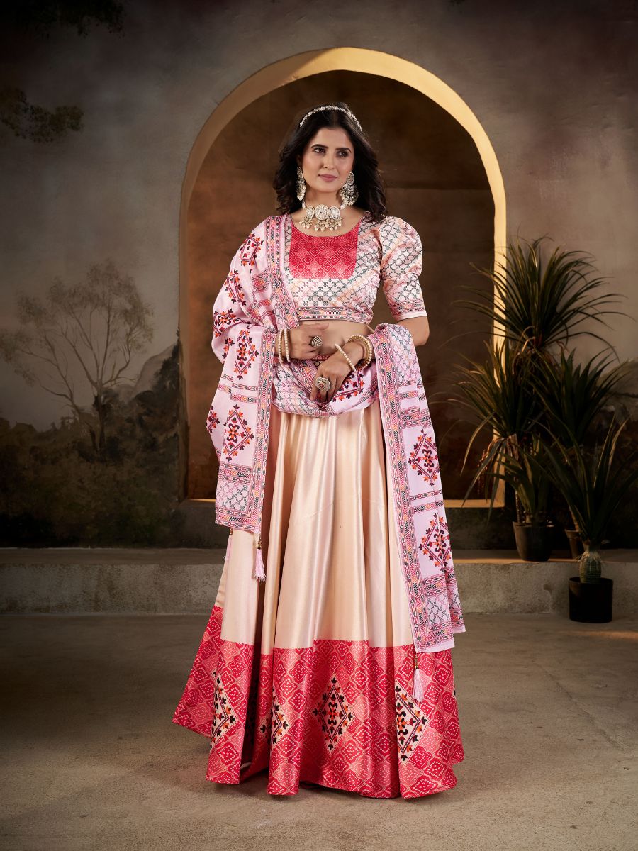 Peach & Red Lehenga with Geometric Print Border