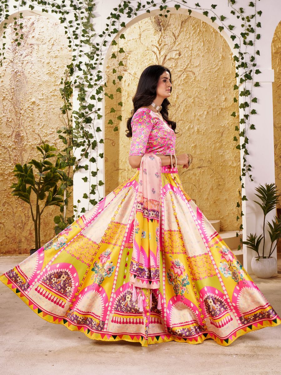 Pink & Yellow Printed Lehenga with Floral Dupatta