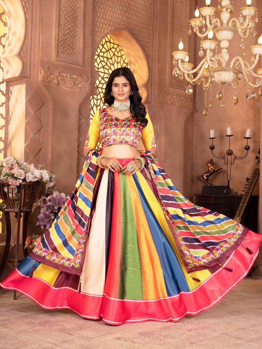 Multicolor Striped Lehenga Choli with Yellow Blouse with gamthi print
