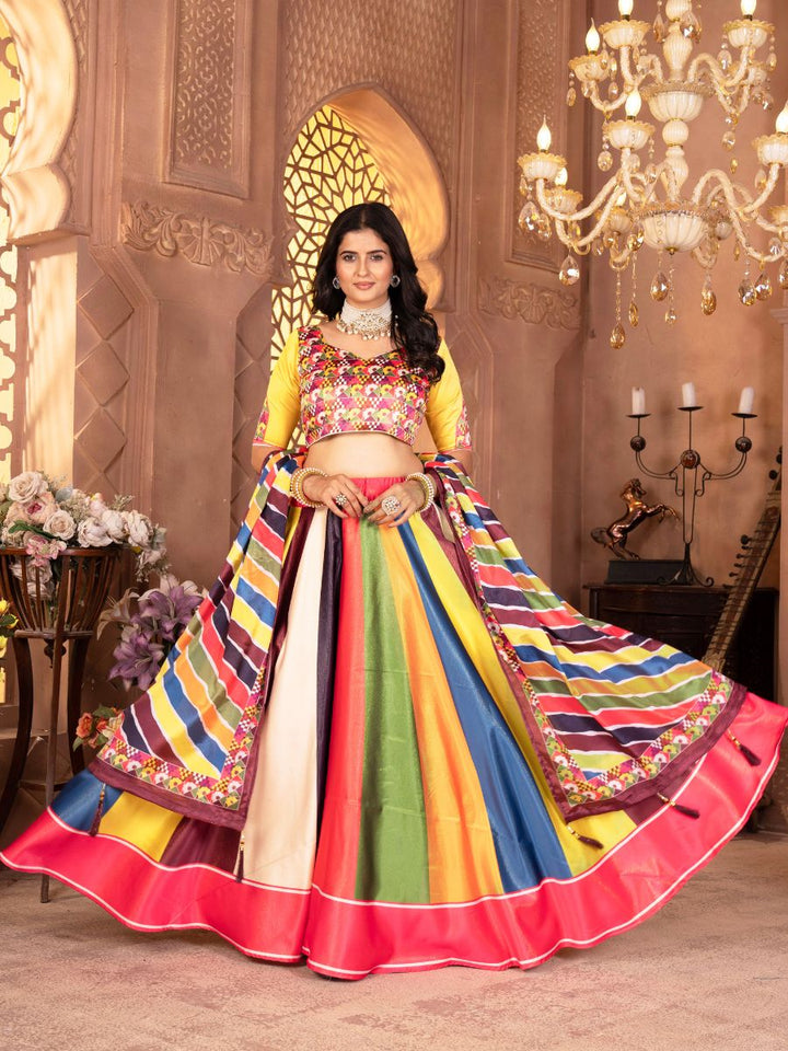 Multicolor Striped Lehenga Choli with Yellow Blouse with gamthi print