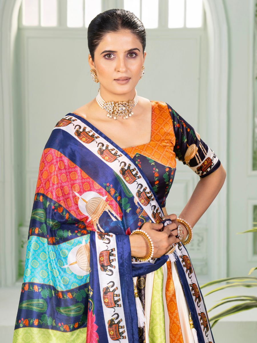 White Multicolor Printed Lehenga Choli with Dupatta