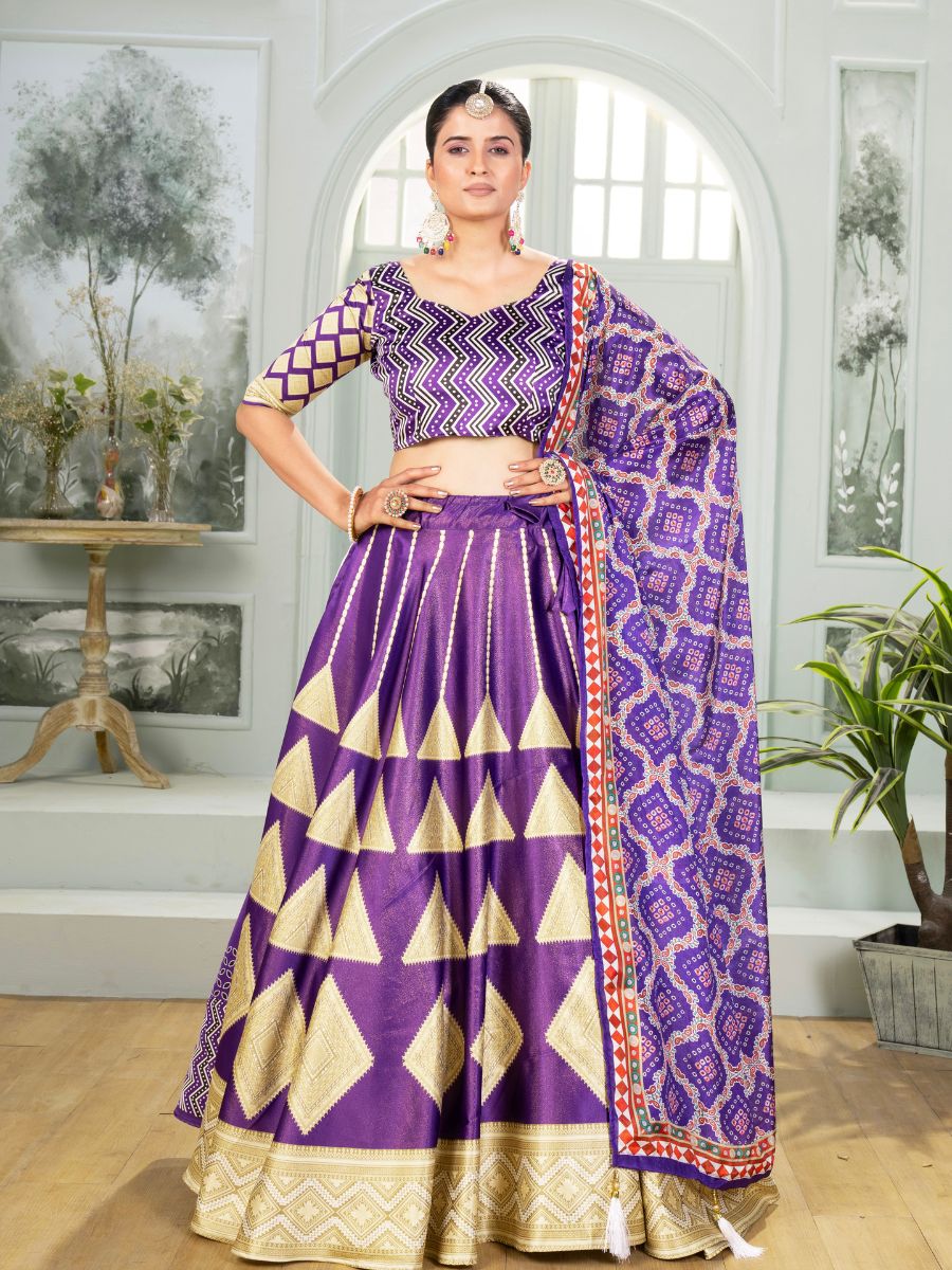 Purple Silk Lehenga Choli with Golden Geometric Work