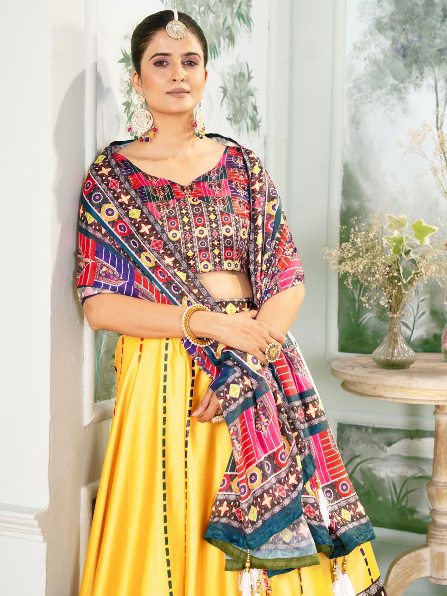 Yellow Lehenga Choli with Multicolor printed Dupatta