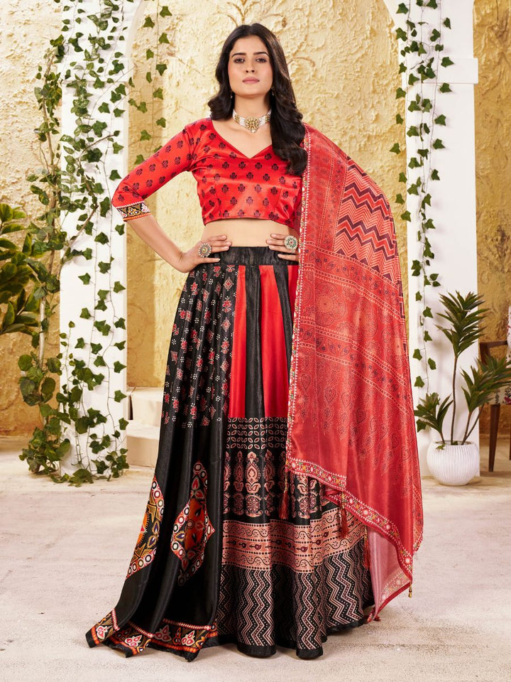 Red & Black Printed Lehenga with Dupatta