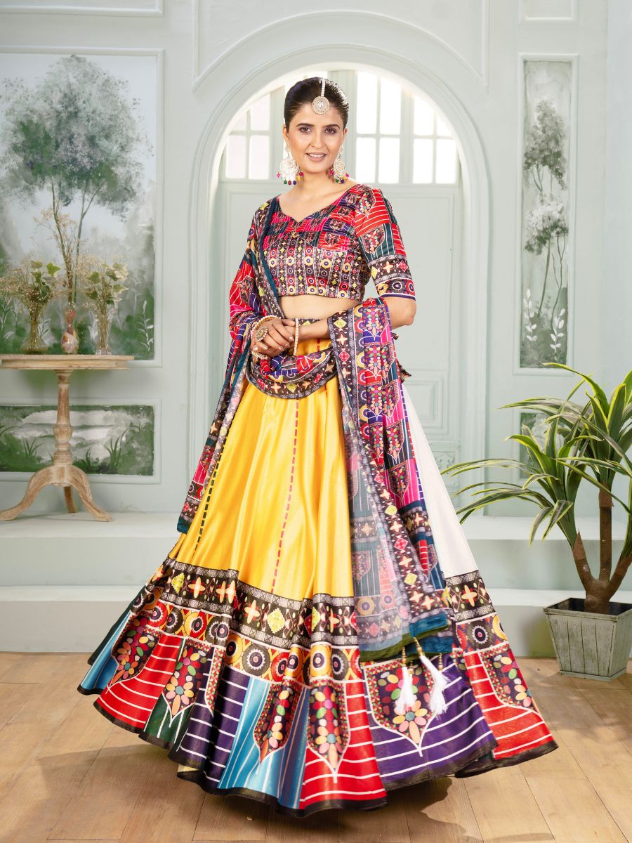 Yellow Lehenga Choli with Multicolor printed Dupatta