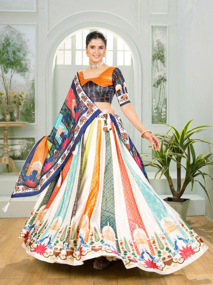 White Multicolor Printed Lehenga Choli with Dupatta