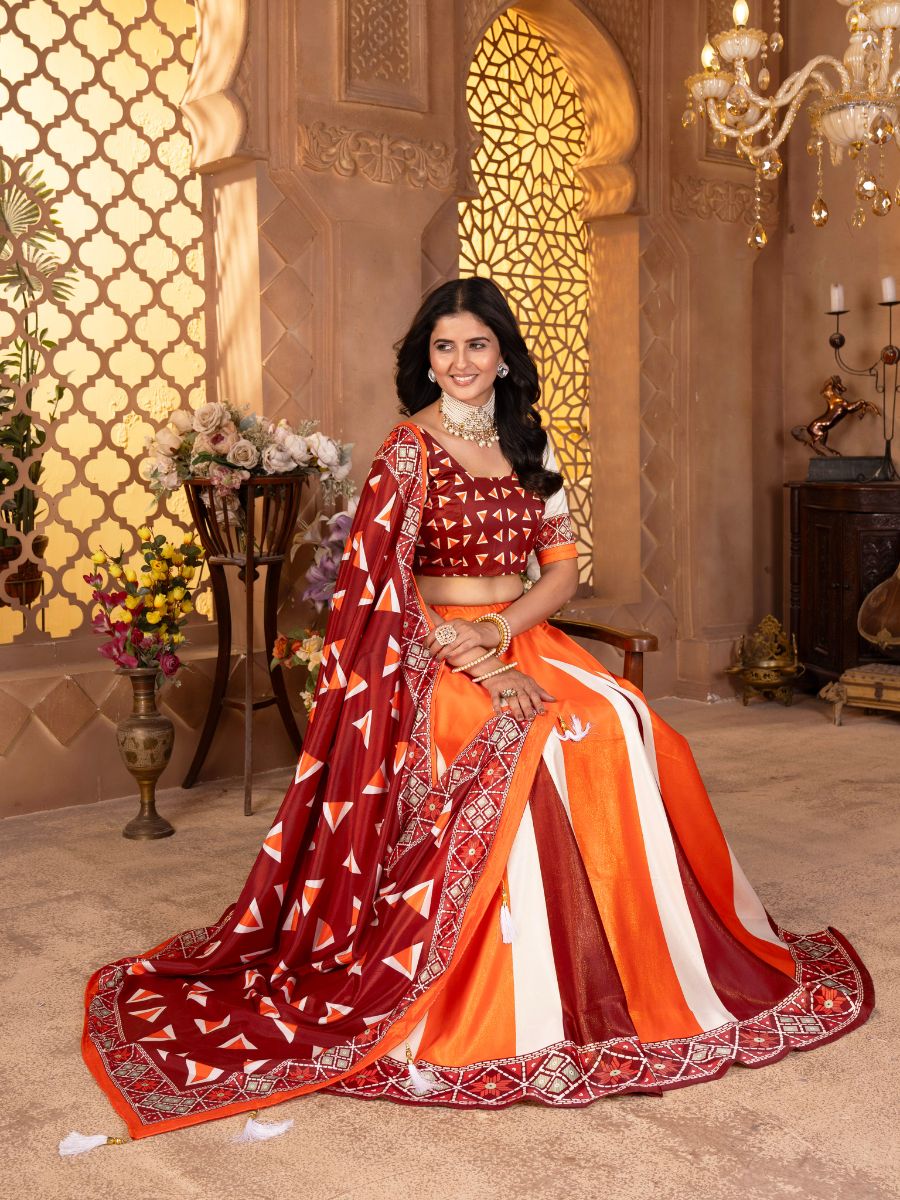 Orange & Maroon Lehenga Choli with Geometric Print Dupatta