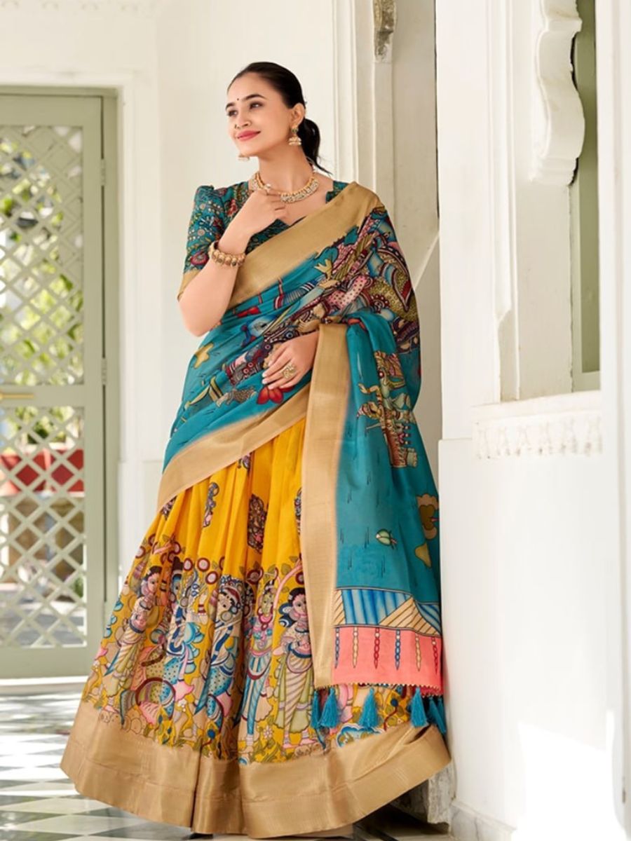 Yellow Handpainted Lehenga with Teal Blouse & Dupatta