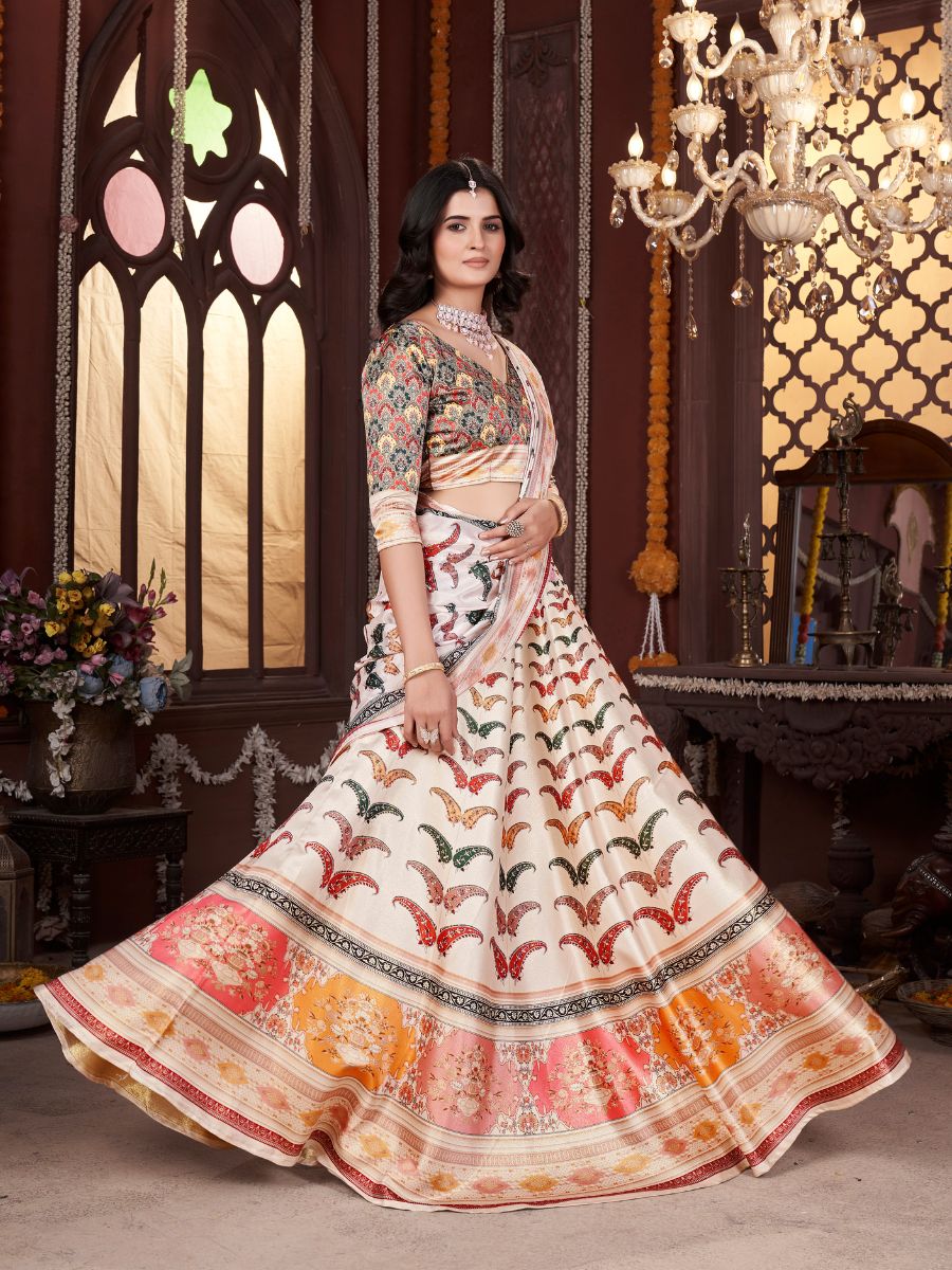 Cream Lehenga with Colorful Butterfly Prints