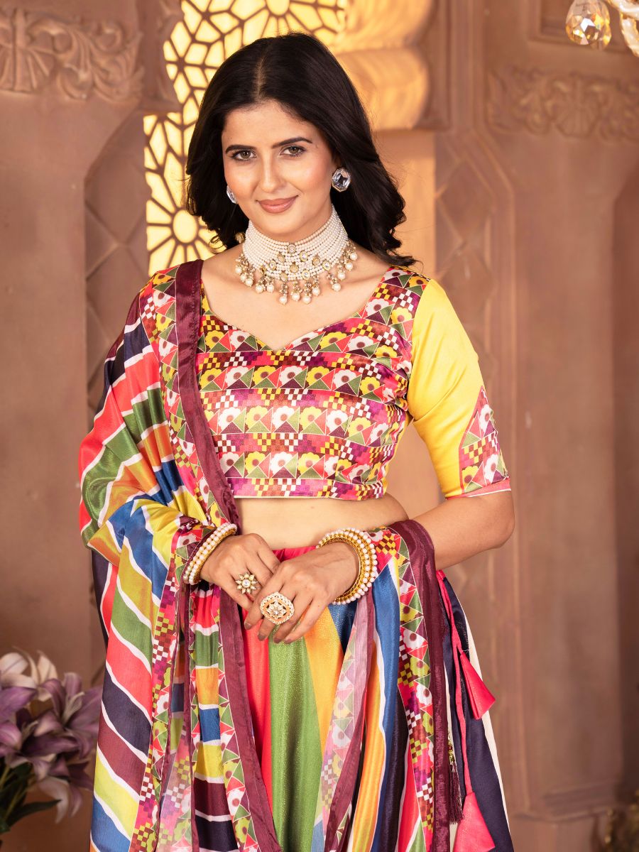 Multicolor Striped Lehenga Choli with Yellow Blouse with gamthi print