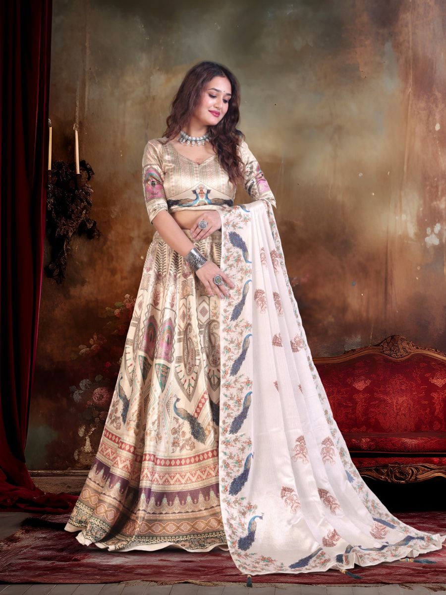 Cream Printed Lehenga with Peacock & Temple Motifs
