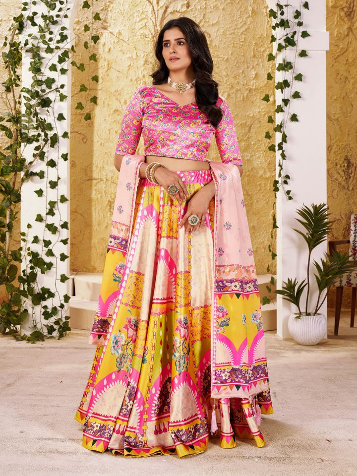 Pink & Yellow Printed Lehenga with Floral Dupatta