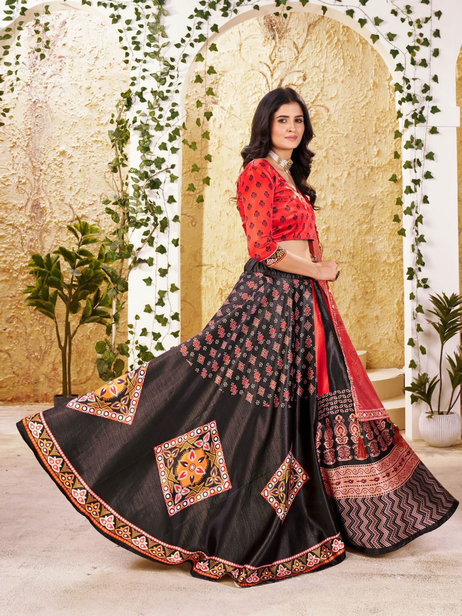 Red & Black Printed Lehenga with Dupatta