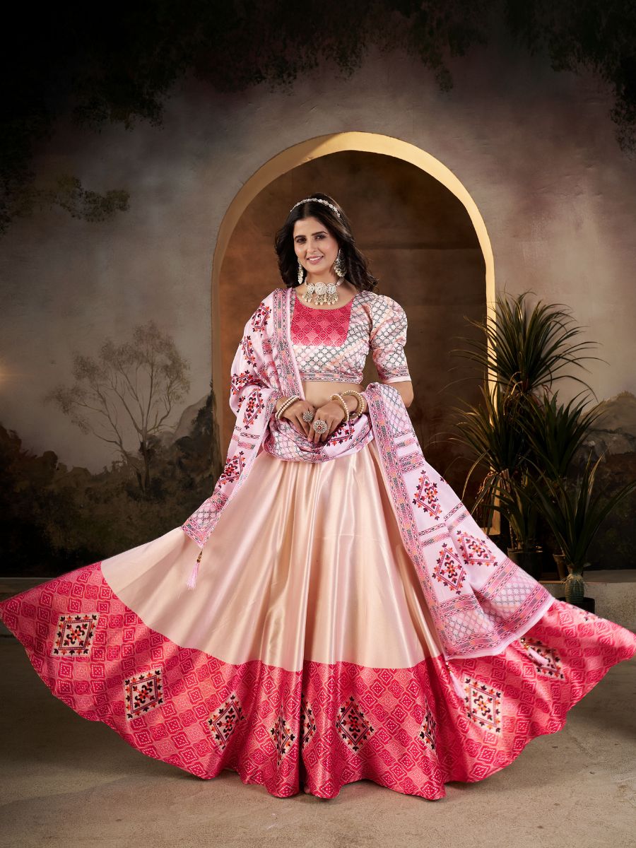 Peach & Red Lehenga with Geometric Print Border