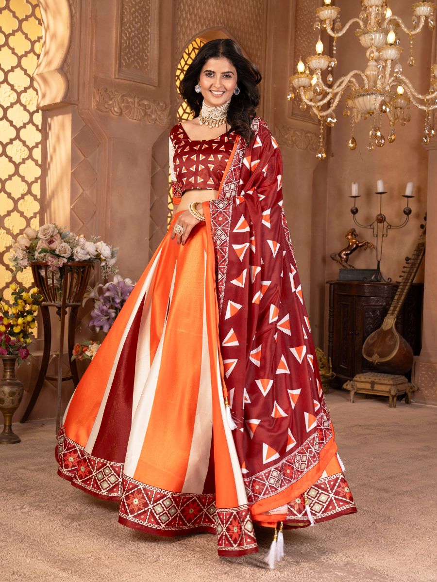 Orange & Maroon Lehenga Choli with Geometric Print Dupatta