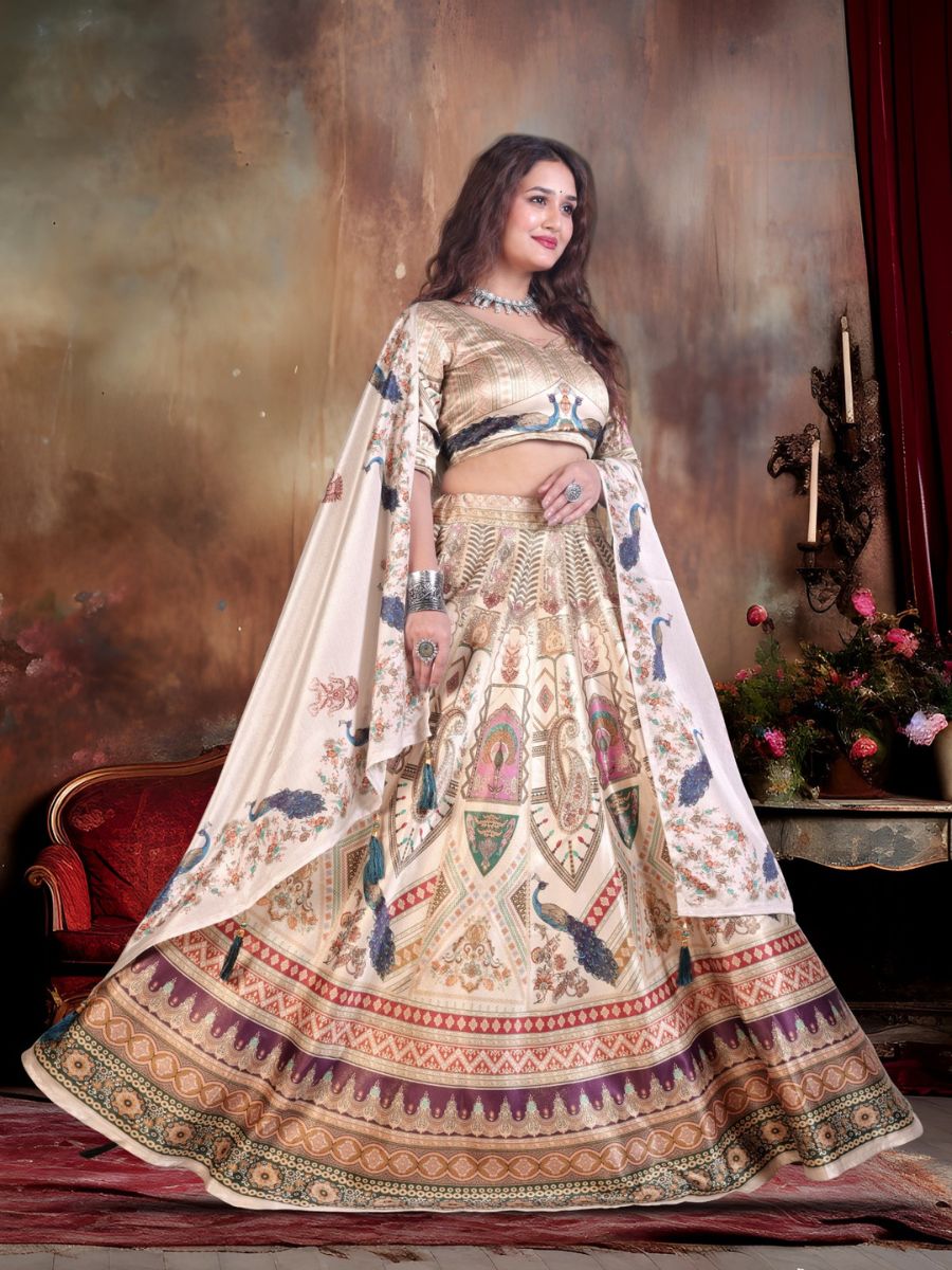 Cream Printed Lehenga with Peacock & Temple Motifs