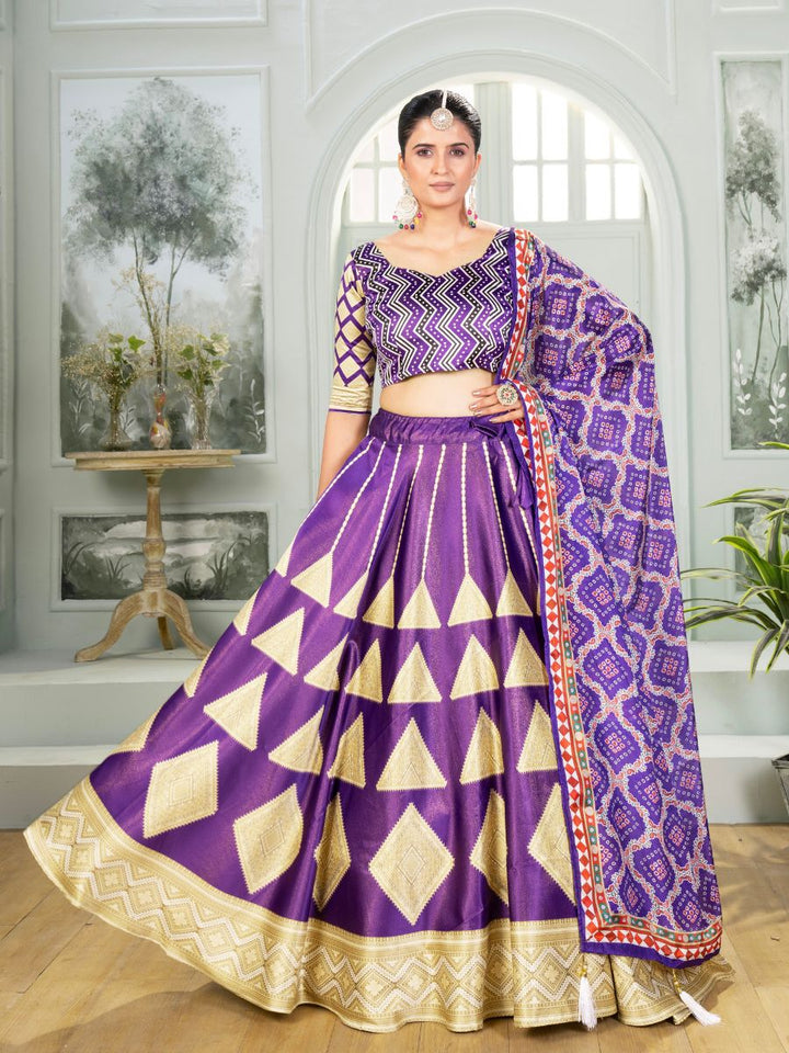 Purple Silk Lehenga Choli with Golden Geometric Work