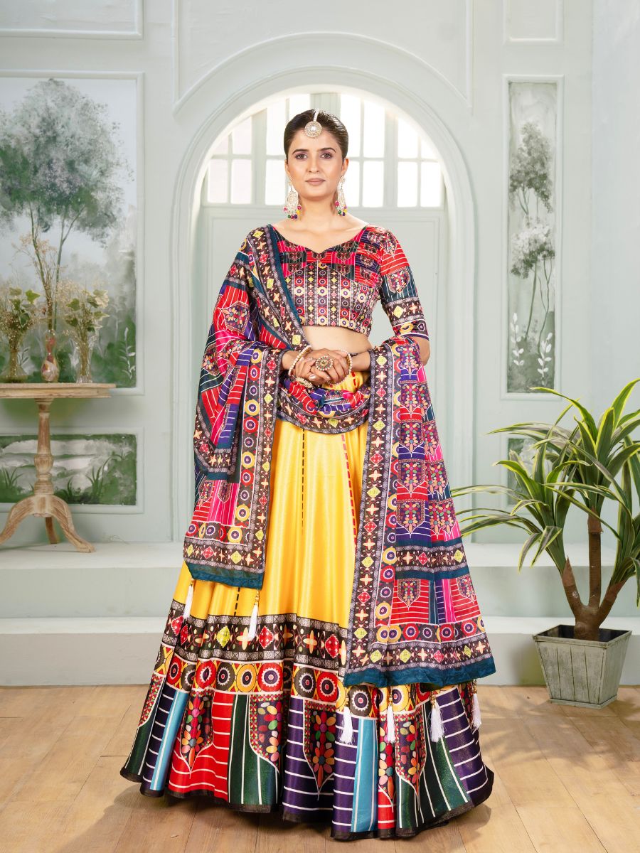 Yellow Lehenga Choli with Multicolor printed Dupatta