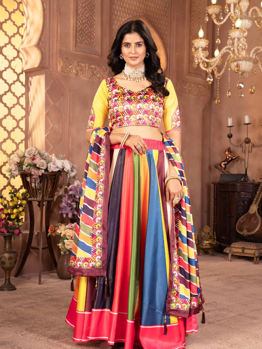 Multicolor Striped Lehenga Choli with Yellow Blouse with gamthi print