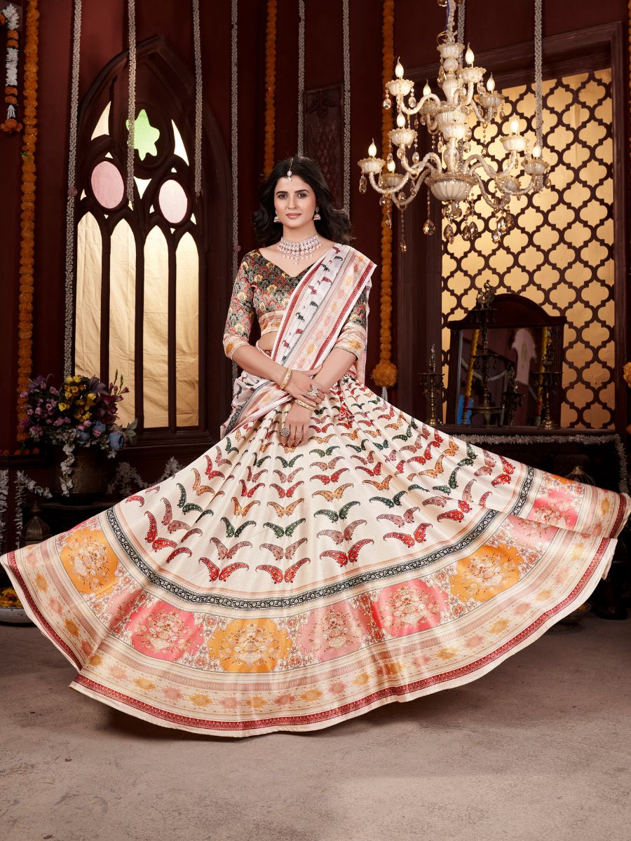 Cream Lehenga with Colorful Butterfly Prints