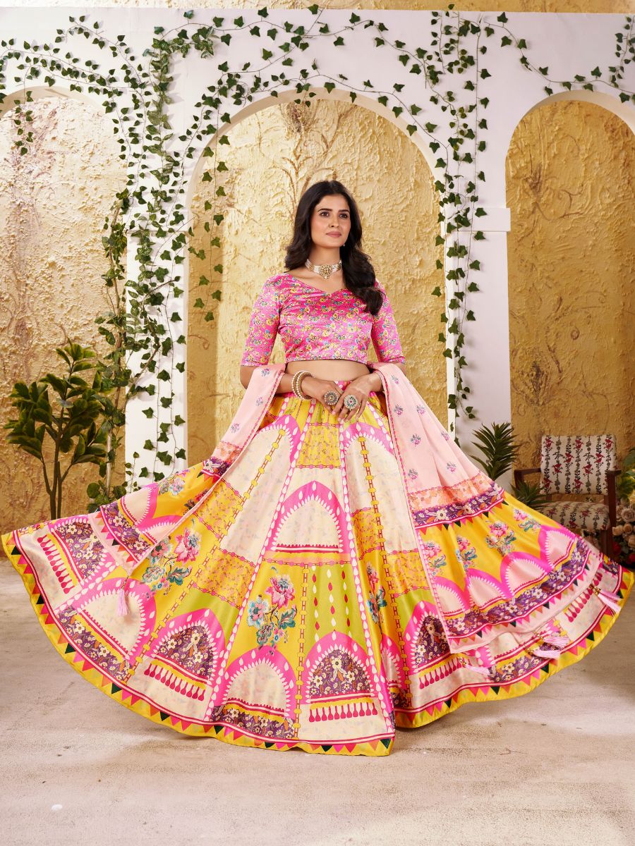 Pink & Yellow Printed Lehenga with Floral Dupatta