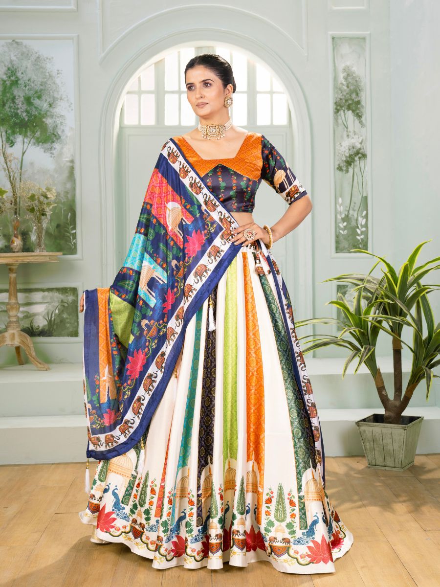 White Multicolor Printed Lehenga Choli with Dupatta