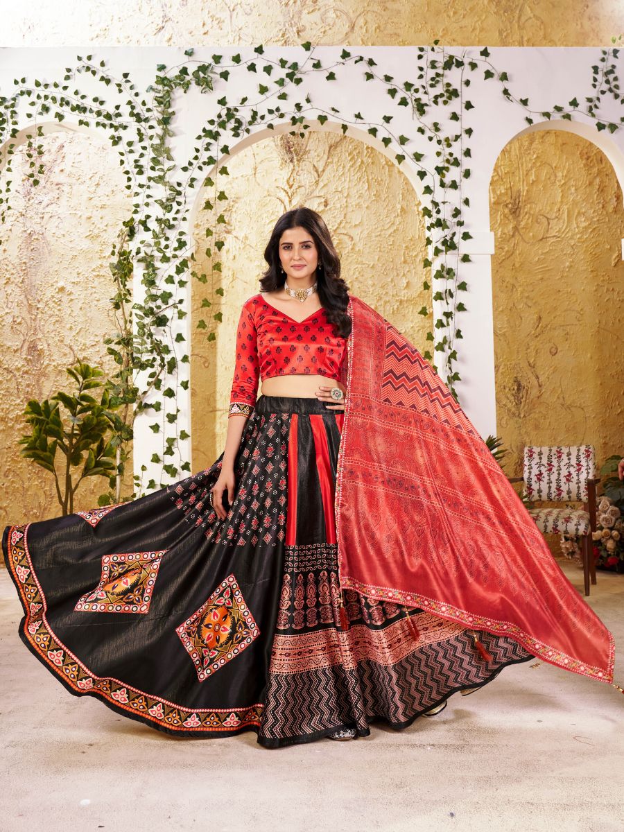Red & Black Printed Lehenga with Dupatta