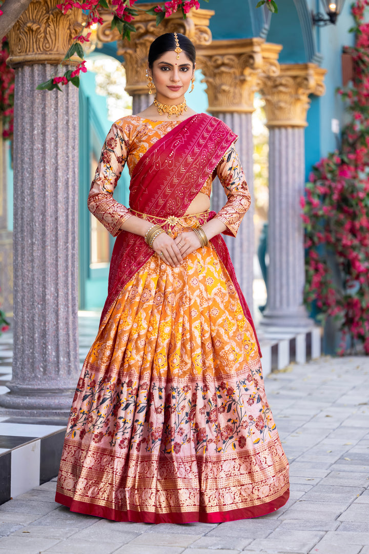 Orange & Red Banarasi Silk Lehenga Set