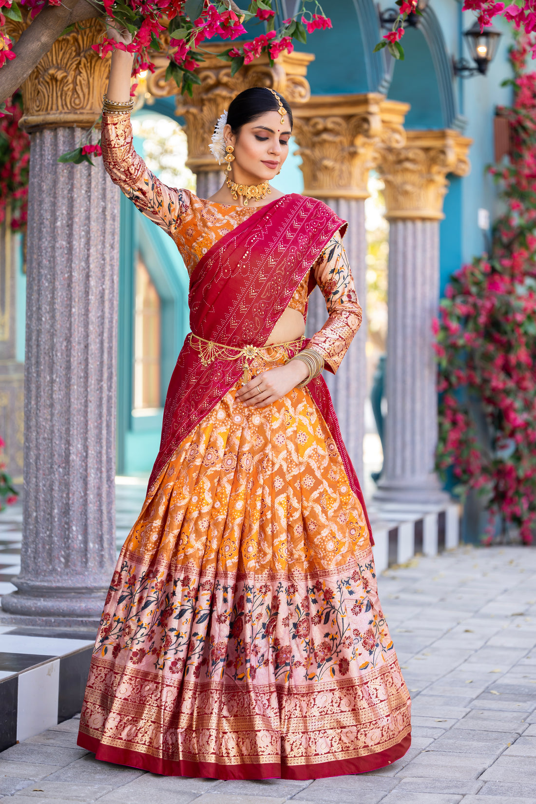 Orange & Red Banarasi Silk Lehenga Set