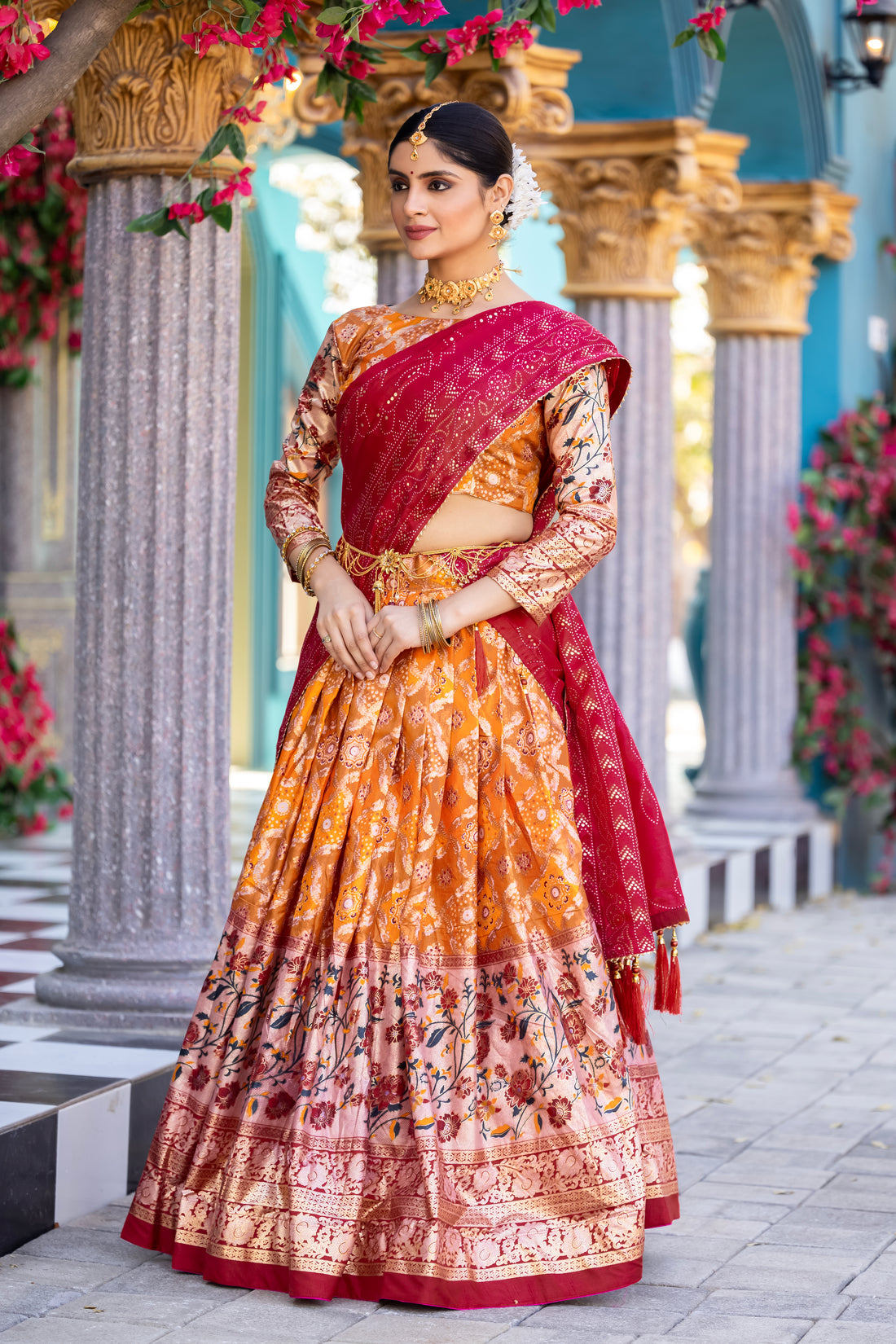 Orange & Red Banarasi Silk Lehenga Set