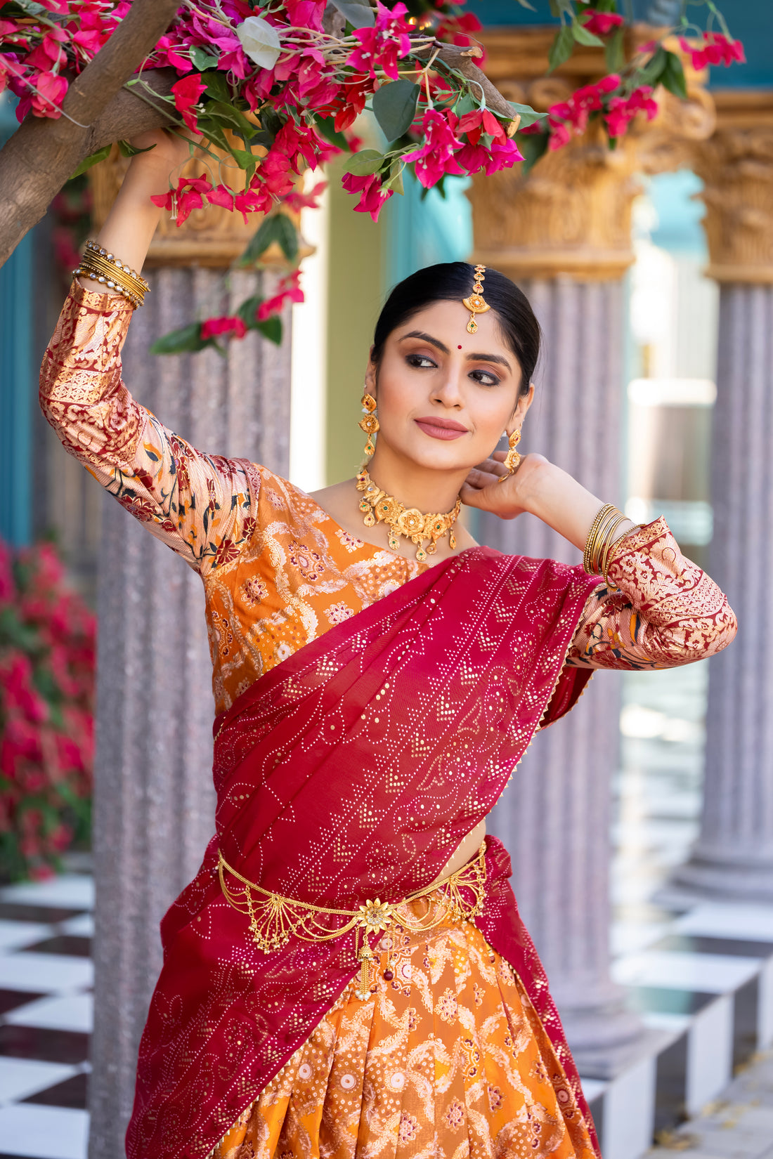 Orange & Red Banarasi Silk Lehenga Set