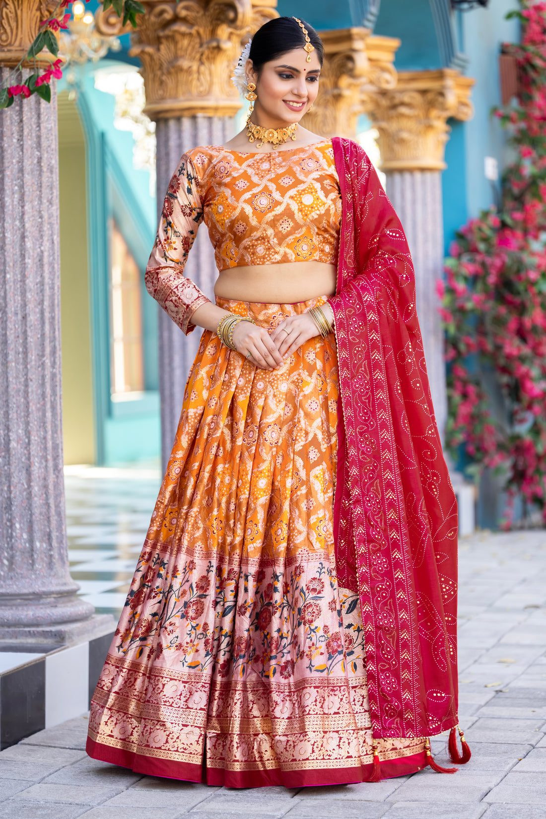 Orange & Red Banarasi Silk Lehenga Set