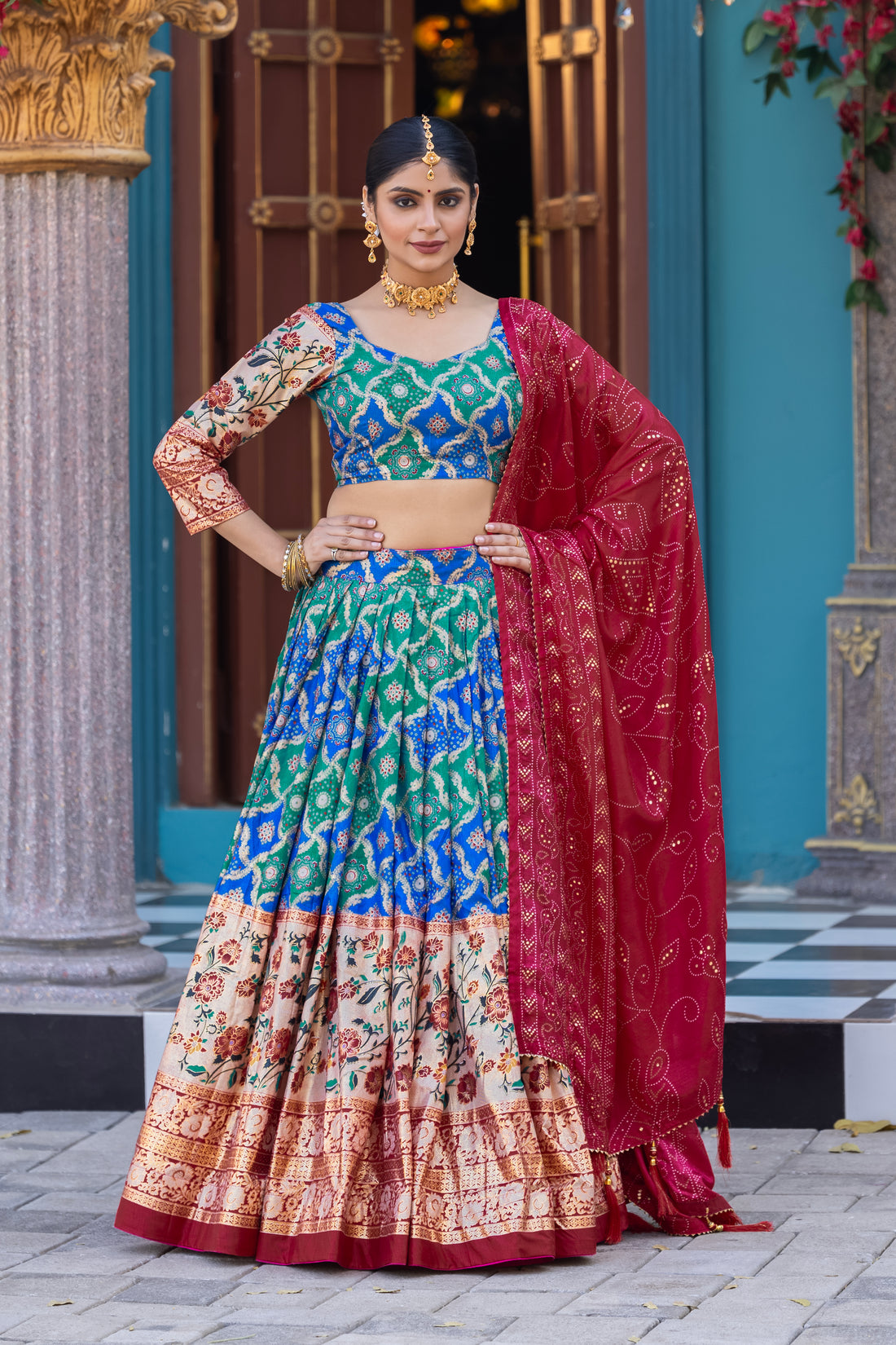Orange & Red Banarasi Silk Lehenga Set