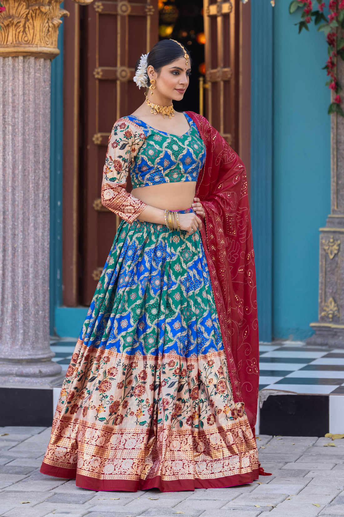 Orange & Red Banarasi Silk Lehenga Set