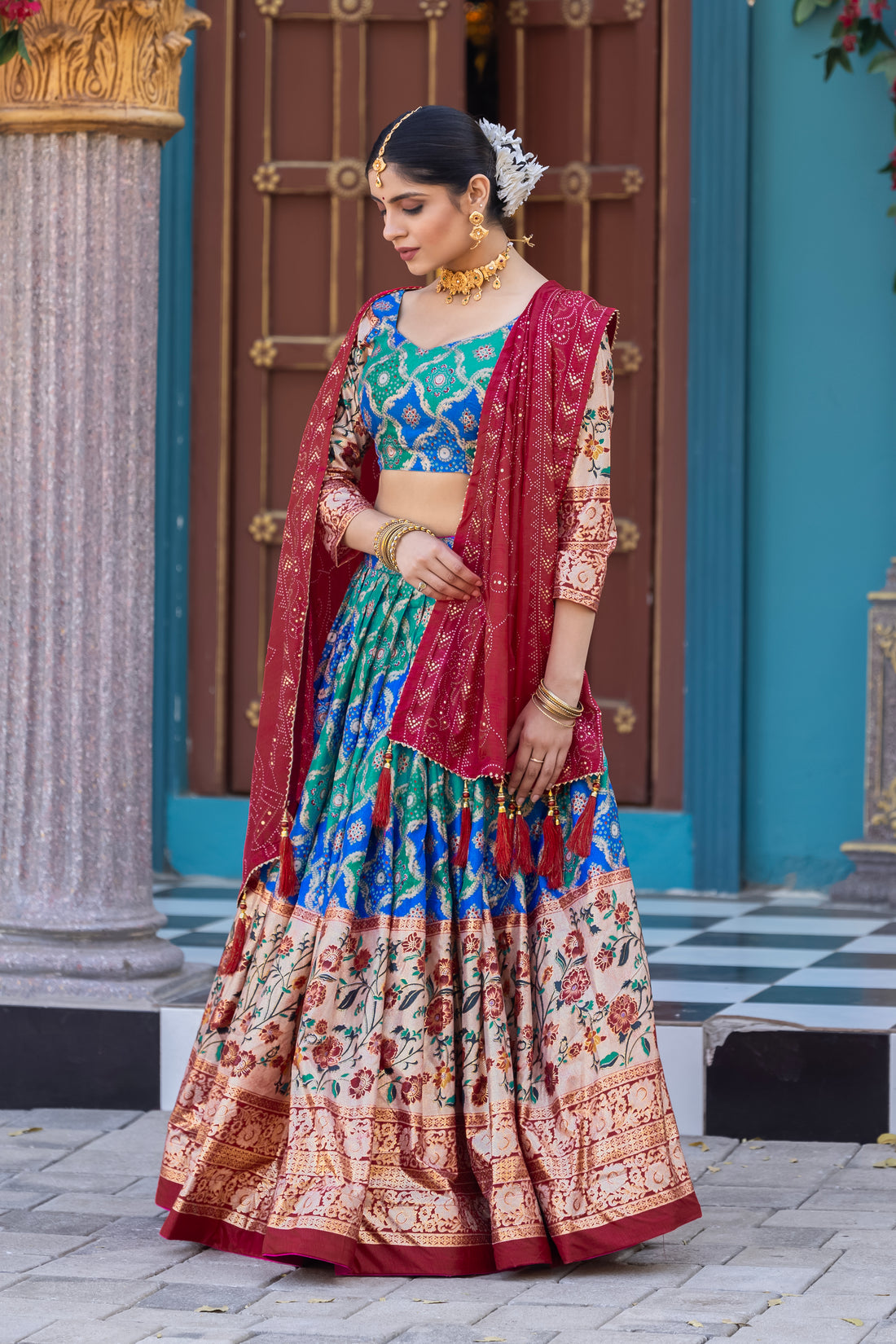 Orange & Red Banarasi Silk Lehenga Set