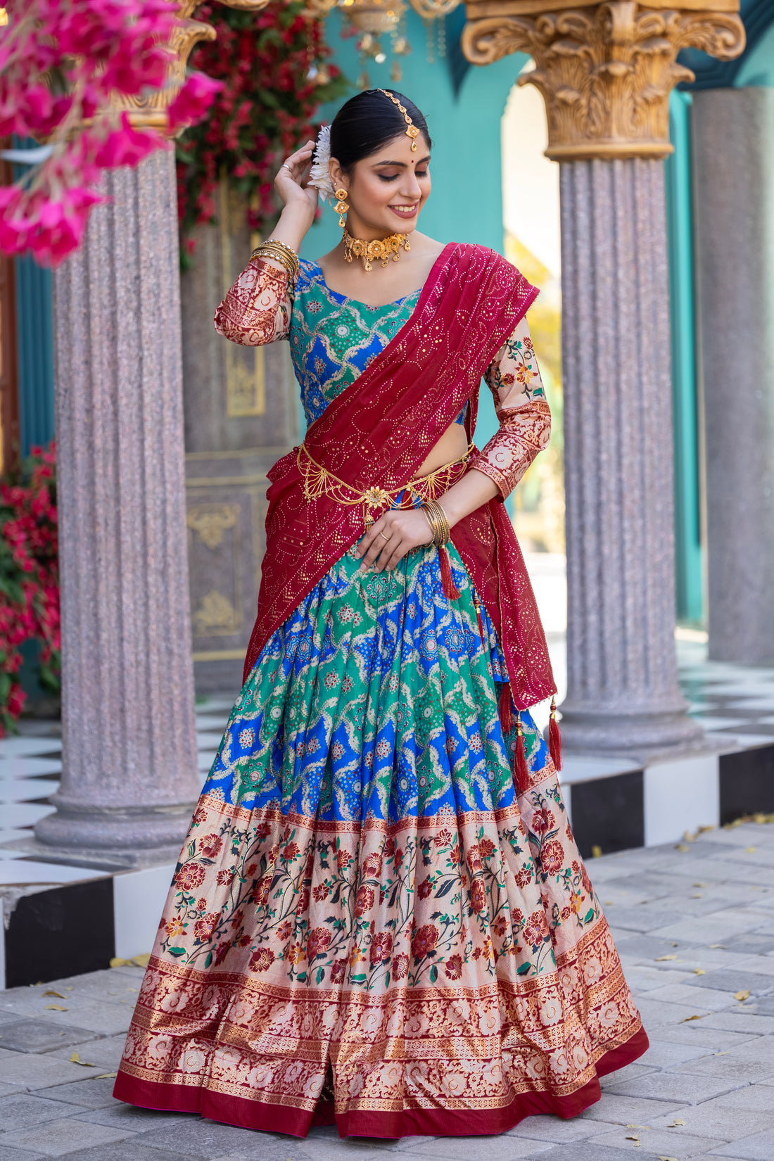 Orange & Red Banarasi Silk Lehenga Set